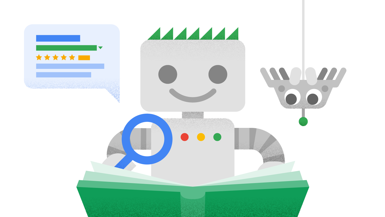 Illustration officielle Google du guide de démarrage SEO avec un robot lisant un livre